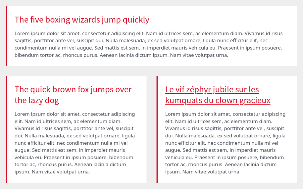 Blocks d'articles dans un blog (image d'illustration), avec 3 zones contenant chacune 1 titre avec un lien + un paragraphe